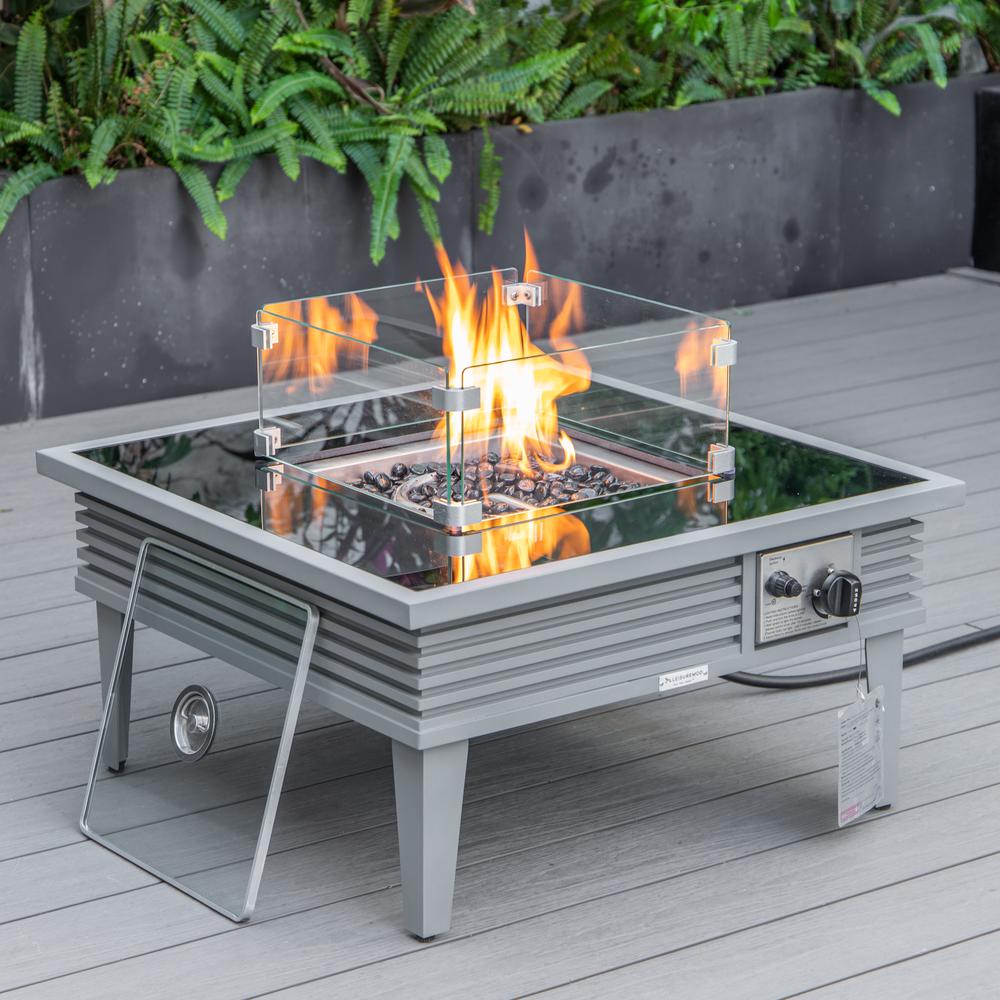 LeisureMod Walbrooke Modern Grey Patio Conversation With Square Fire Pit With Slats Design & Tank Holder, Green. Picture 4