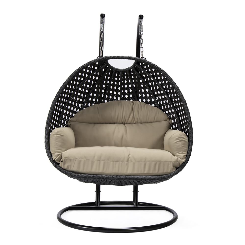 LeisureMod MendozaWicker Hanging 2 person Egg Swing Chair in Taupe. Picture 2