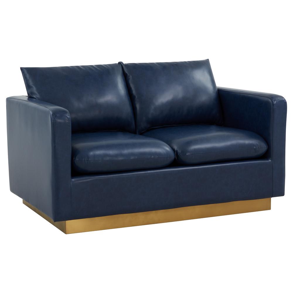 LeisureMod Nervo Modern Mid-Century Upholstered Leather Loveseat with Gold Frame, Navy Blue. Picture 1