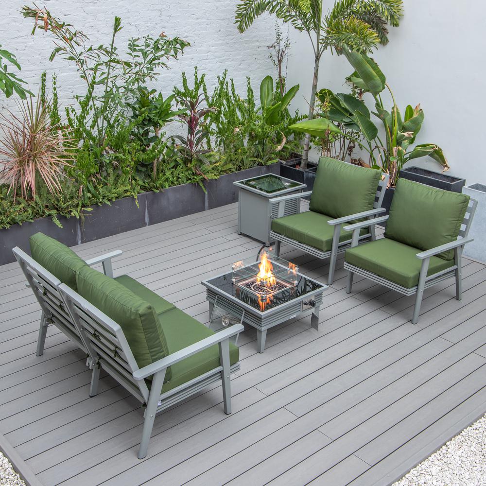 LeisureMod Walbrooke Modern Grey Patio Conversation With Square Fire Pit With Slats Design & Tank Holder, Green. Picture 7