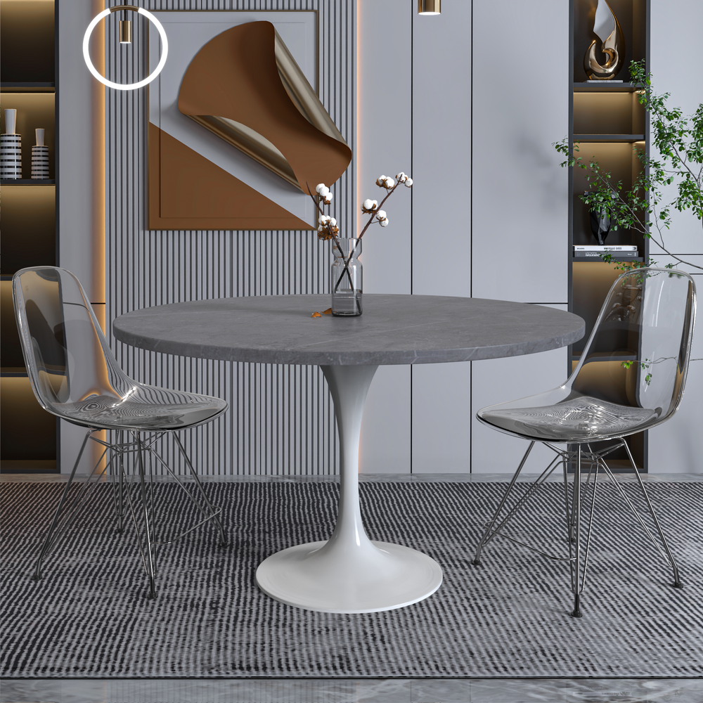 Verve Collection 48 Round Dining Table, White Base with Sintered Stone Grey Top. Picture 7