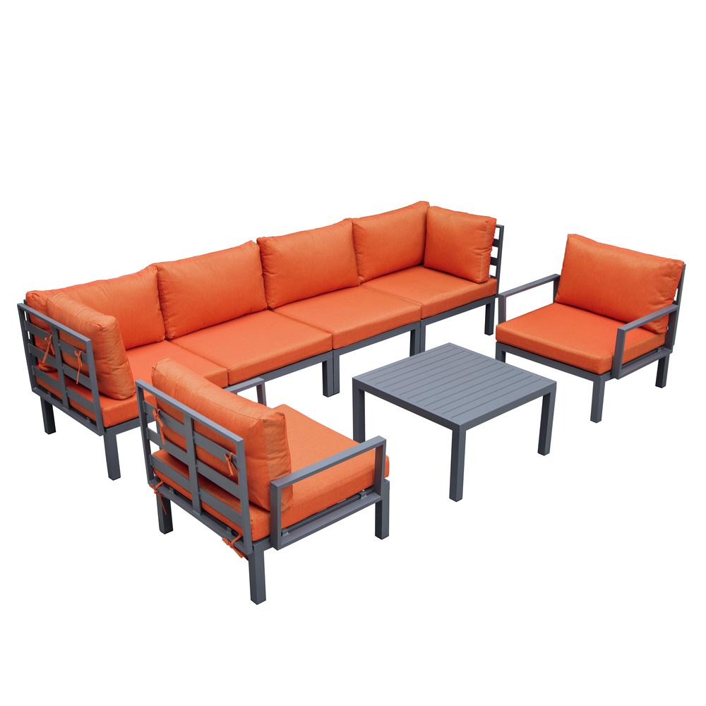 LeisureMod Hamilton 7-Piece Aluminum Patio Conversation Set With Coffee Table And Cushions Orange. Picture 1