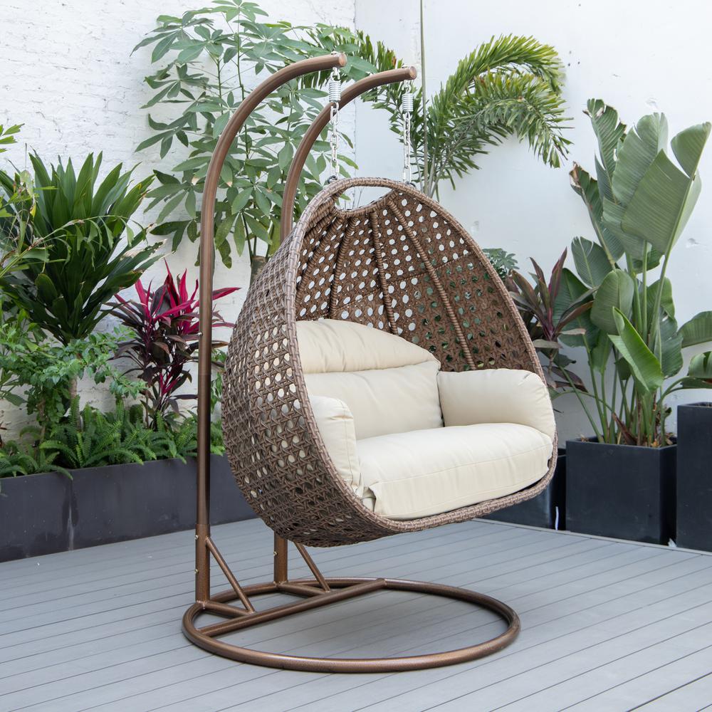 LeisureMod Wicker Hanging 2 person Egg Swing Chair , Taupe. Picture 8