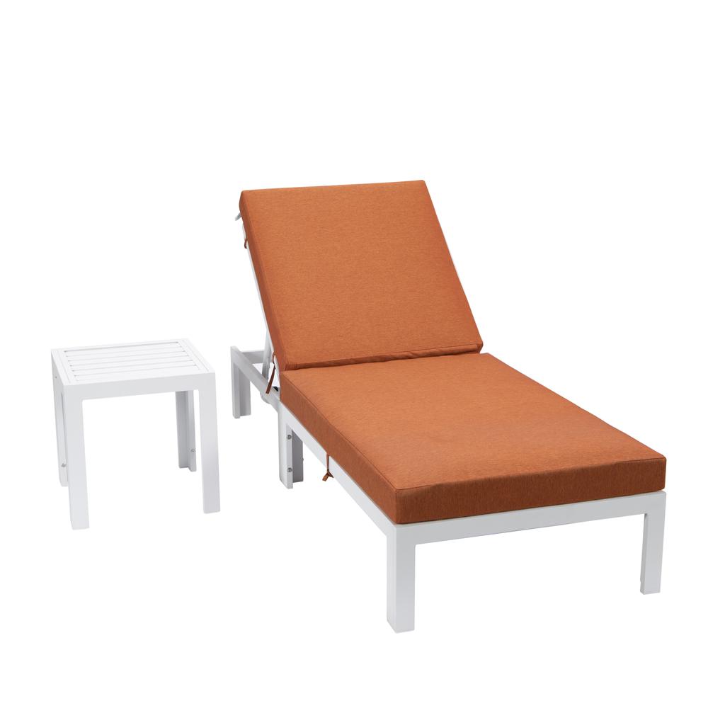 LeisureMod Chelsea Modern Outdoor White Chaise Lounge Chair With Side Table & Cushions Orange. The main picture.