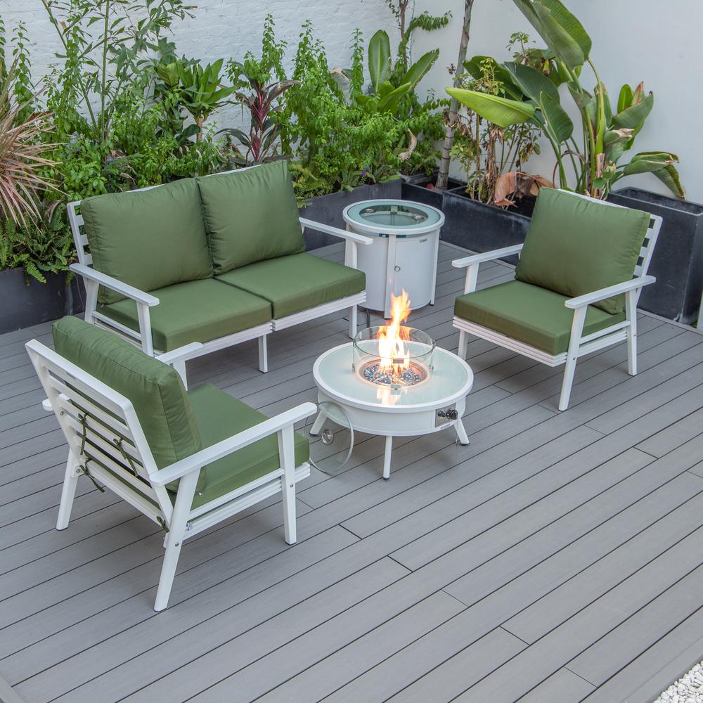 LeisureMod Walbrooke Modern White Patio Conversation With Round Fire Pit & Tank Holder, Green. Picture 1