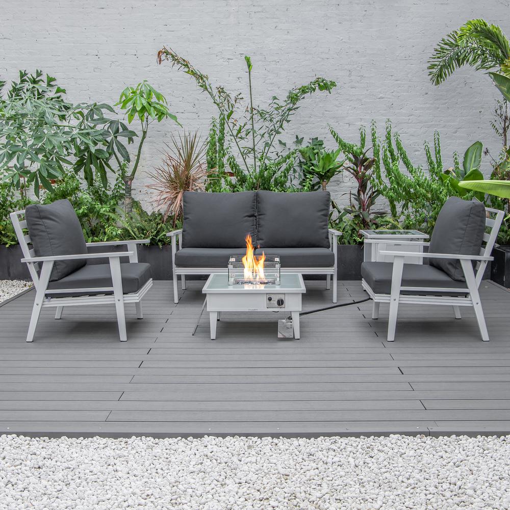 LeisureMod Walbrooke Modern White Patio Conversation With Square Fire Pit & Tank Holder, Charcoal. Picture 9
