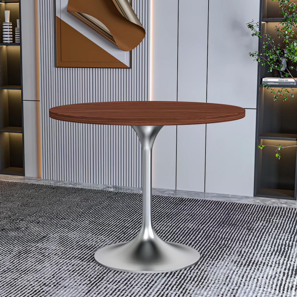 Verve 27" Round Dining Table, Brushed Chrome Base with Cognac Brown MDF Top. Picture 12