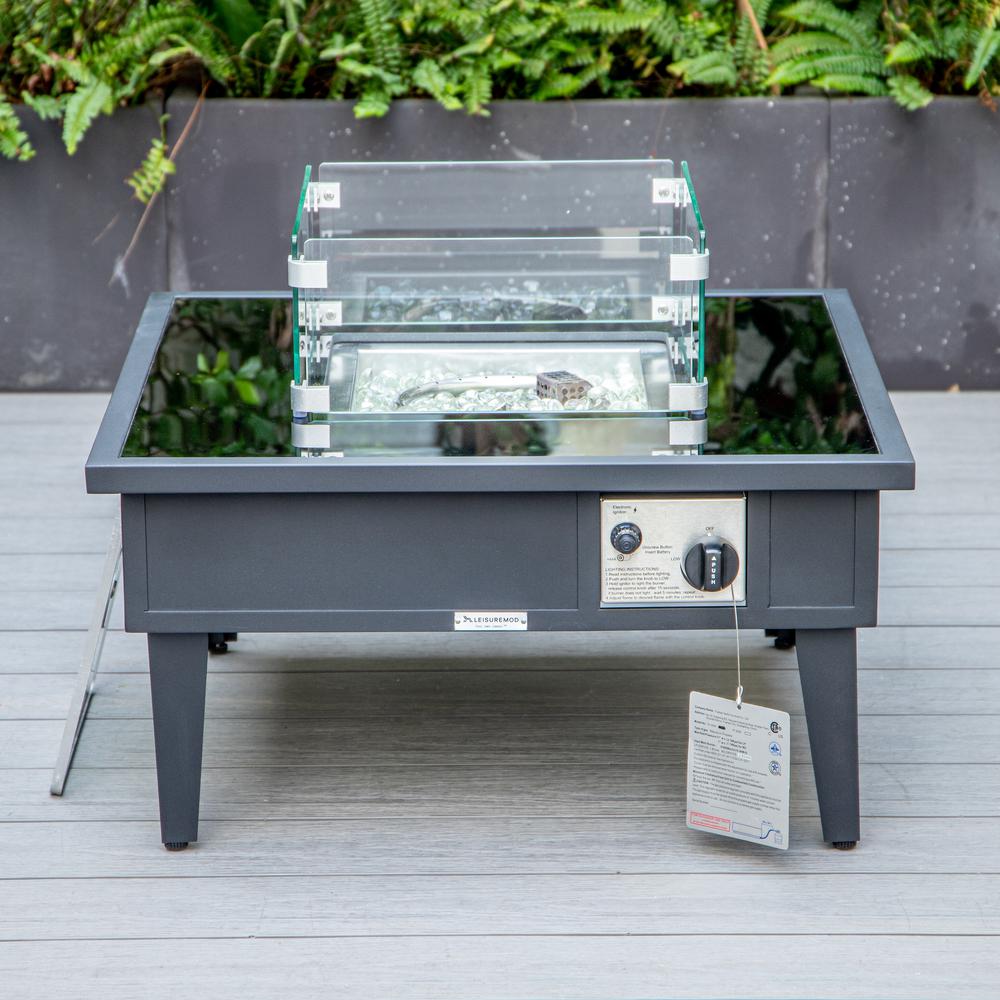 LeisureMod Walbrooke Modern Black Patio Conversation With Square Fire Pit & Tank Holder, Light Grey. Picture 6