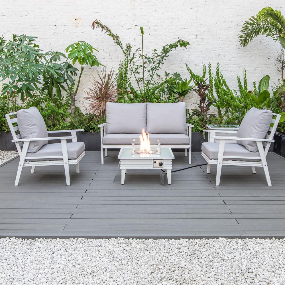 LeisureMod Walbrooke Modern White Patio Conversation With Square Fire Pit With Slats Design & Tank Holder, Light Grey. Picture 8