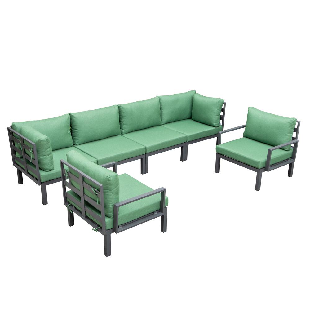 LeisureMod Hamilton 6-Piece Aluminum Patio Conversation Set With Cushions Green. Picture 1