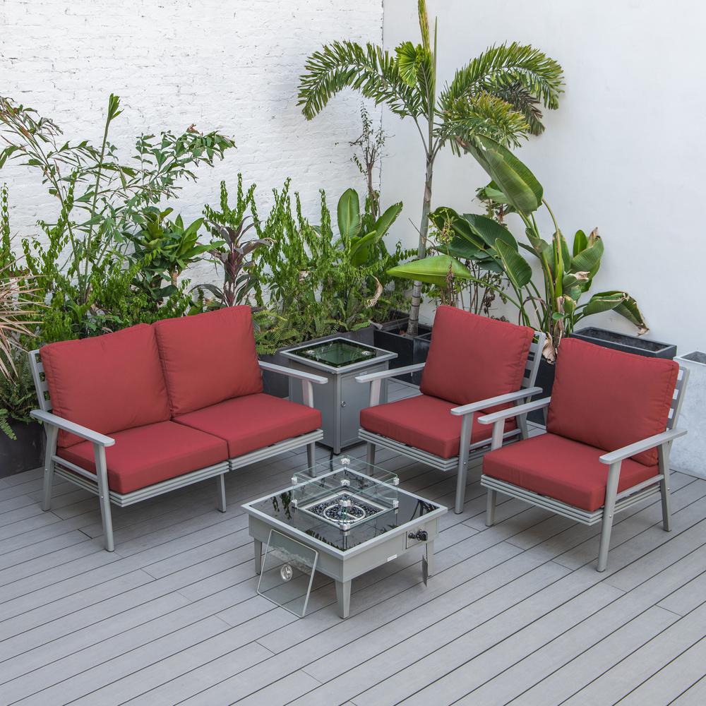 LeisureMod Walbrooke Modern Grey Patio Conversation With Square Fire Pit & Tank Holder, Red. Picture 8