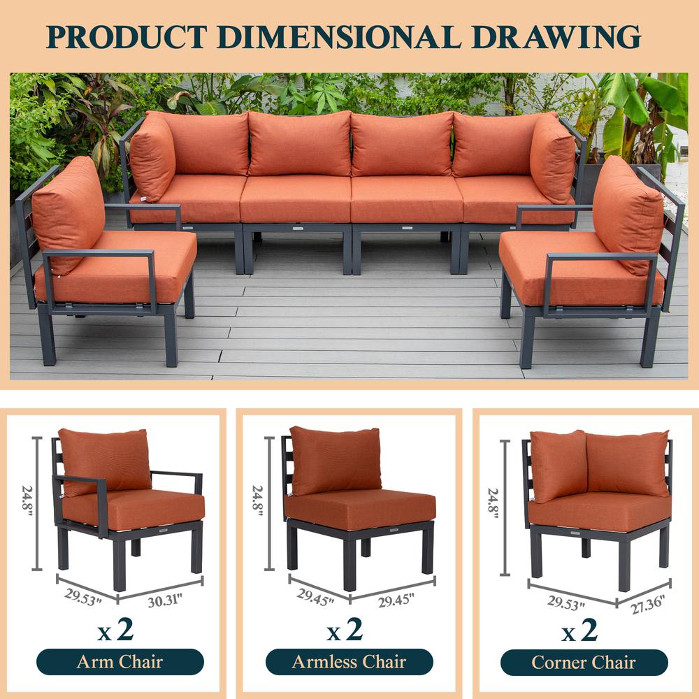 LeisureMod Chelsea 6-Piece Patio Sectional Black Aluminum With Cushions in Orange. Picture 33