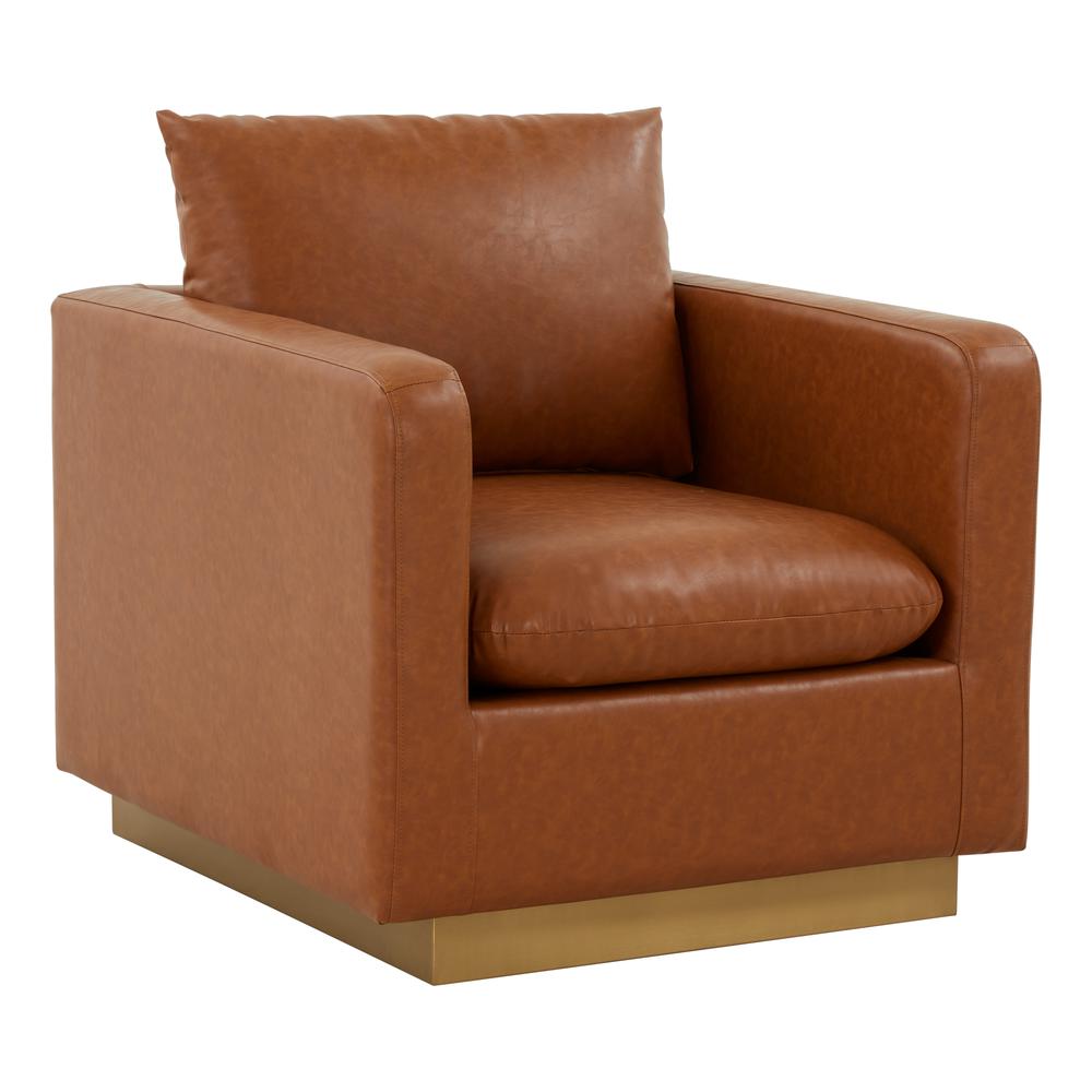 LeisureMod Nervo Leather Accent Armchair With Gold Frame, Cognac Tan. Picture 1
