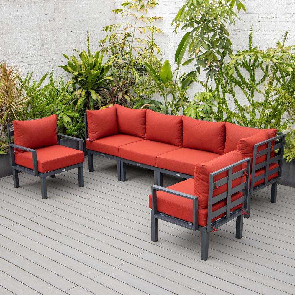 LeisureMod Chelsea 6-Piece Patio Sectional Black Aluminum With Cushions in Red. Picture 30
