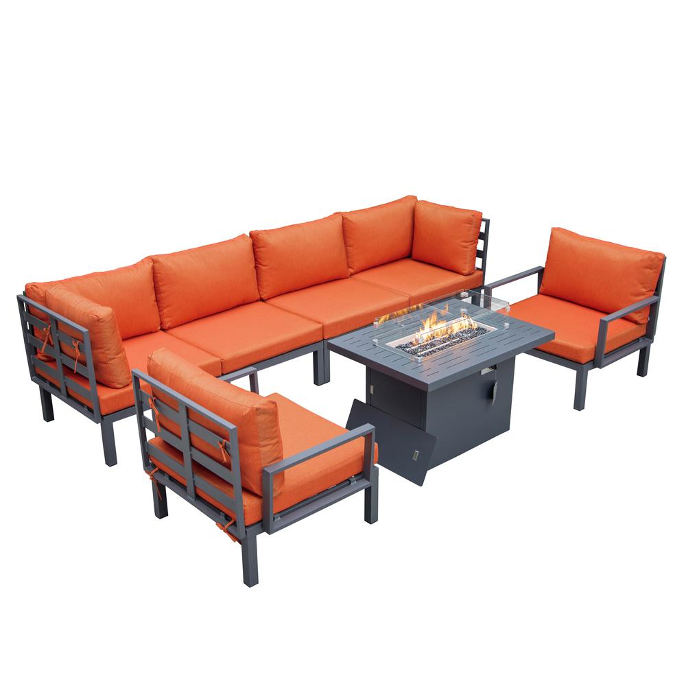 LeisureMod Hamilton 7-Piece Aluminum Patio Conversation Set With Fire Pit Table And Cushions Orange. Picture 1