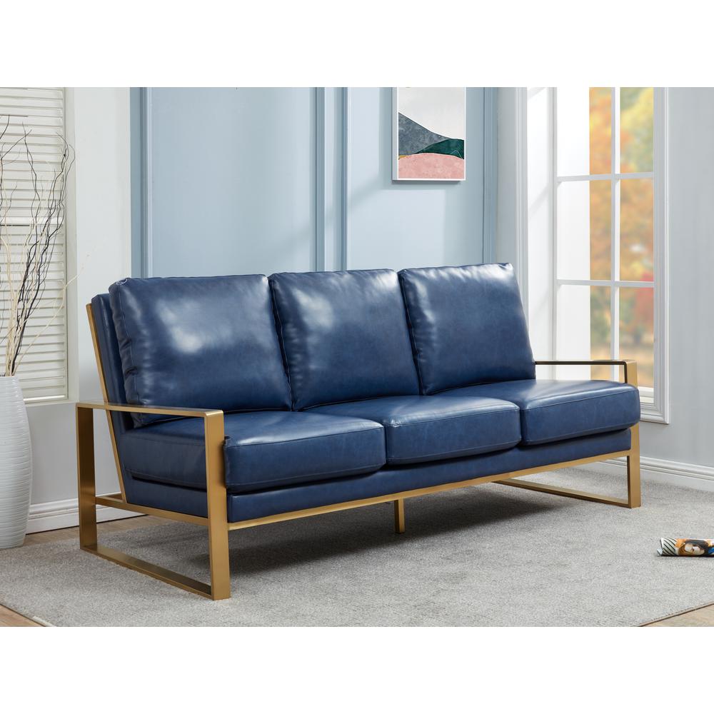 LeisureMod Jefferson Modern Design Leather Sofa With Gold Frame, Navy Blue. Picture 4
