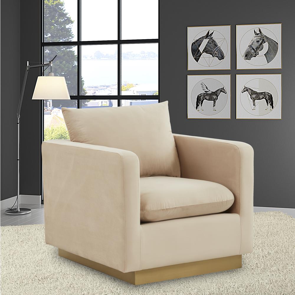 LeisureMod Nervo Velvet Accent Armchair With Gold Frame, Beige. Picture 6