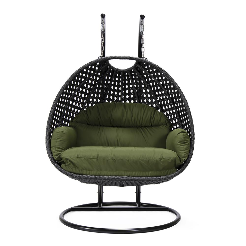 LeisureMod MendozaWicker Hanging 2 person Egg Swing Chair in Dark Green. Picture 2