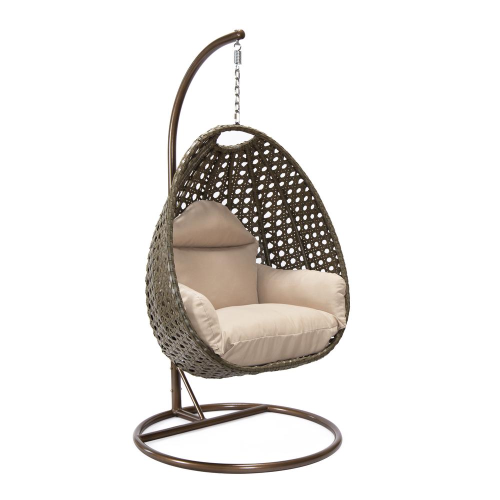 LeisureMod Wicker Hanging Egg Swing Chair in Beige. Picture 2