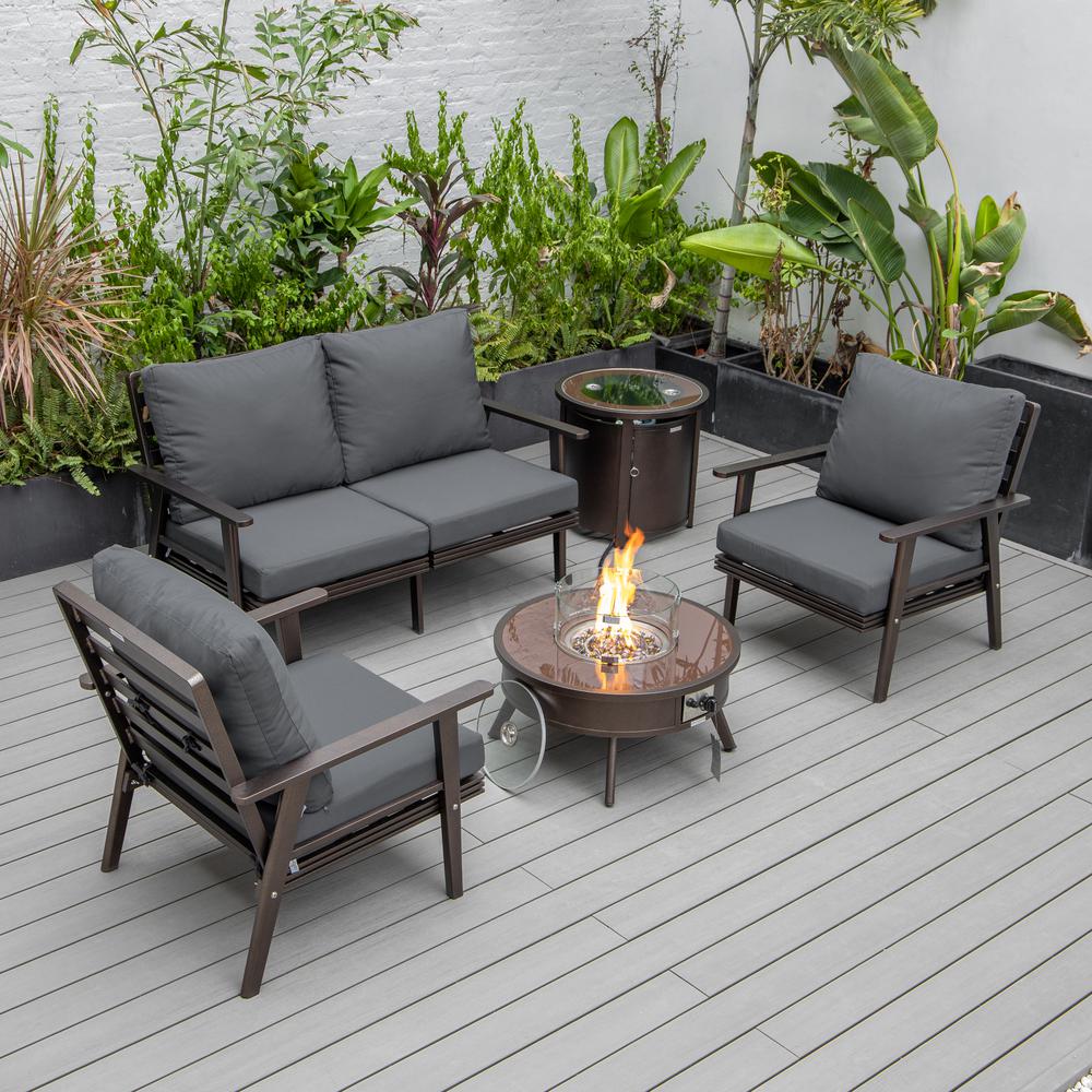 LeisureMod Walbrooke Modern Brown Patio Conversation With Round Fire Pit & Tank Holder, Charcoal. Picture 1