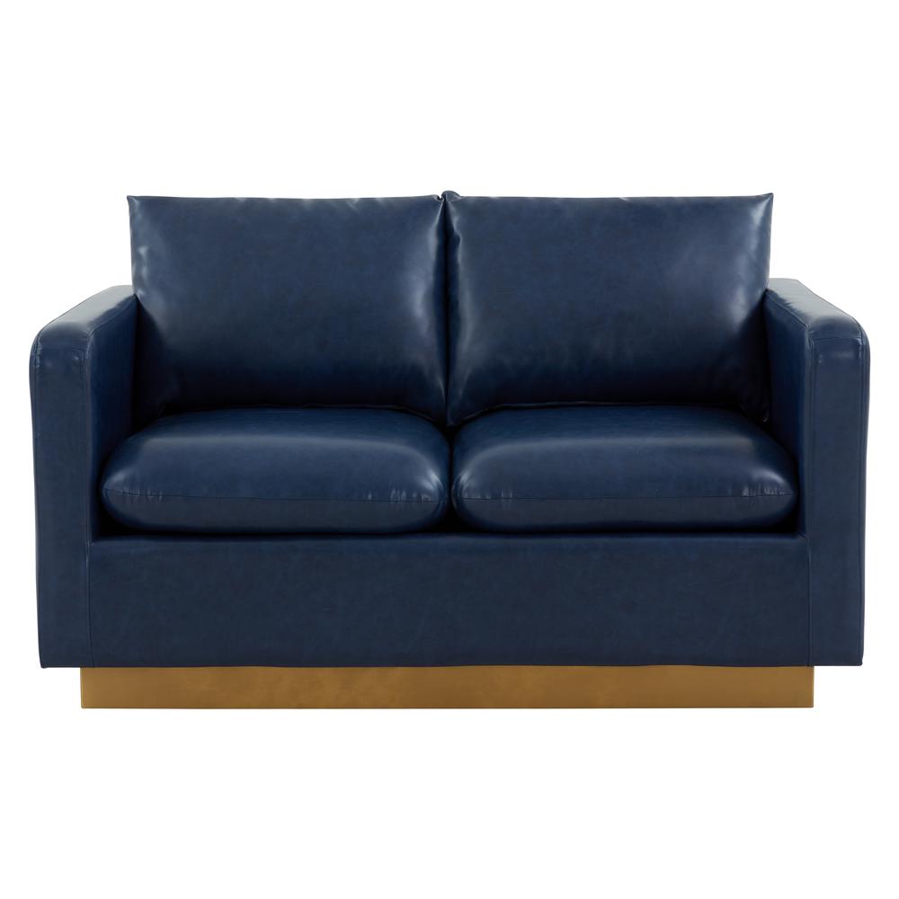 LeisureMod Nervo Modern Mid-Century Upholstered Leather Loveseat with Gold Frame, Navy Blue. Picture 2