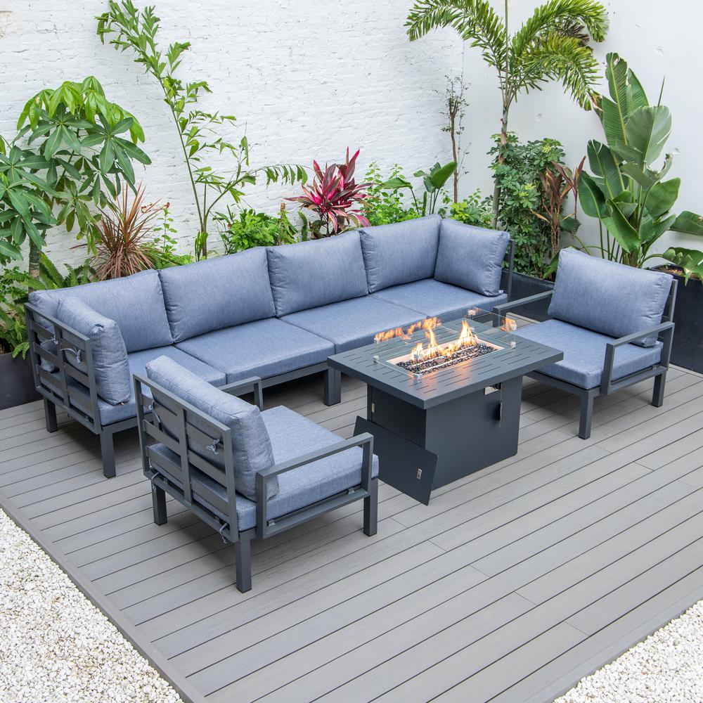 LeisureMod Hamilton 7-Piece Aluminum Patio Conversation Set With Fire Pit Table And Cushions Charcoal Blue. Picture 4