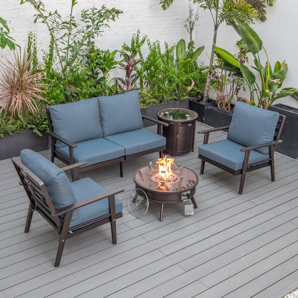 LeisureMod Walbrooke Modern Brown Patio Conversation With Round Fire Pit With Slats Design & Tank Holder, Navy Blue. The main picture.