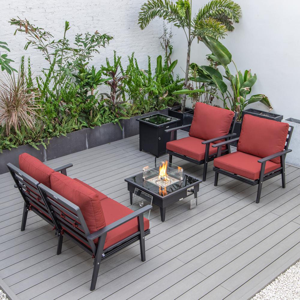 LeisureMod Walbrooke Modern Black Patio Conversation With Square Fire Pit & Tank Holder, Red. Picture 3