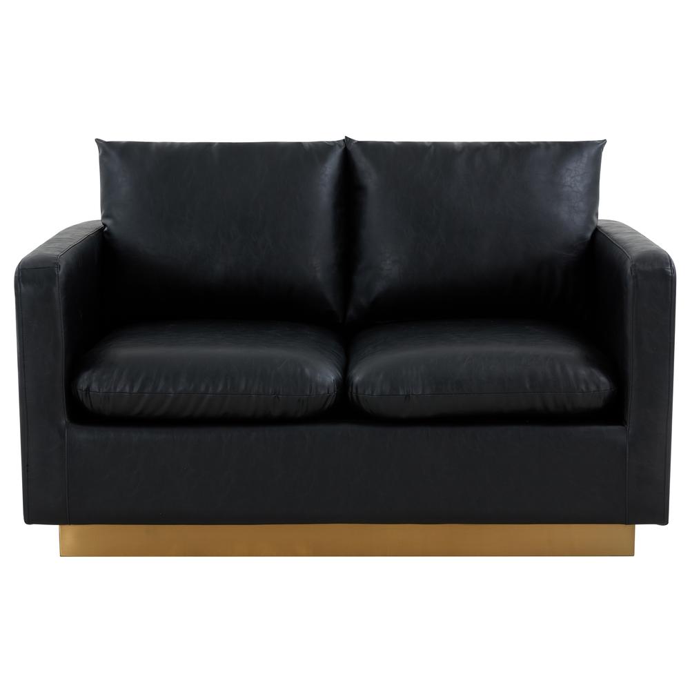 LeisureMod Nervo Modern Mid-Century Upholstered Leather Loveseat with Gold Frame, Black. Picture 3