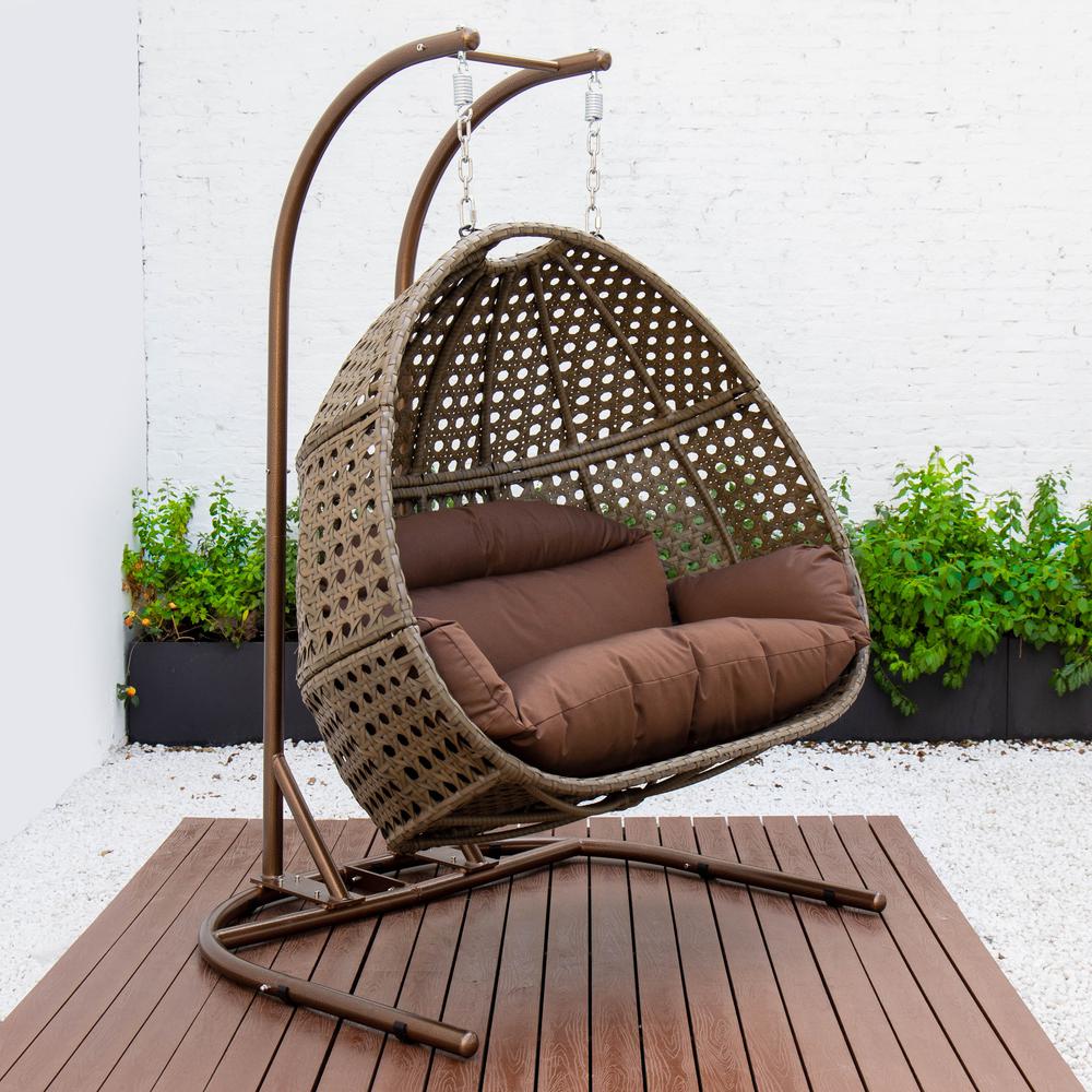 LeisureMod Wicker Hanging Double Egg Swing Chair, Dark Brown. Picture 5