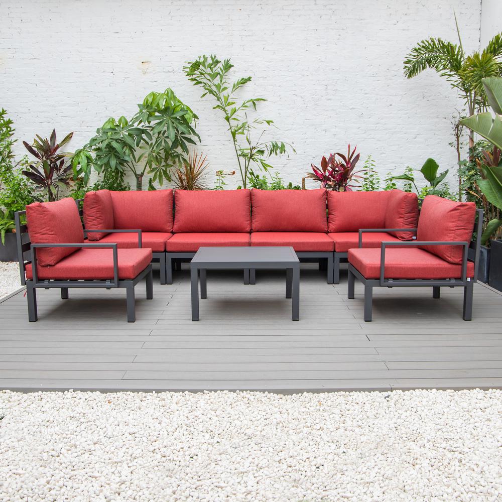 LeisureMod Hamilton 7-Piece Aluminum Patio Conversation Set With Coffee Table And Cushions Red. Picture 3