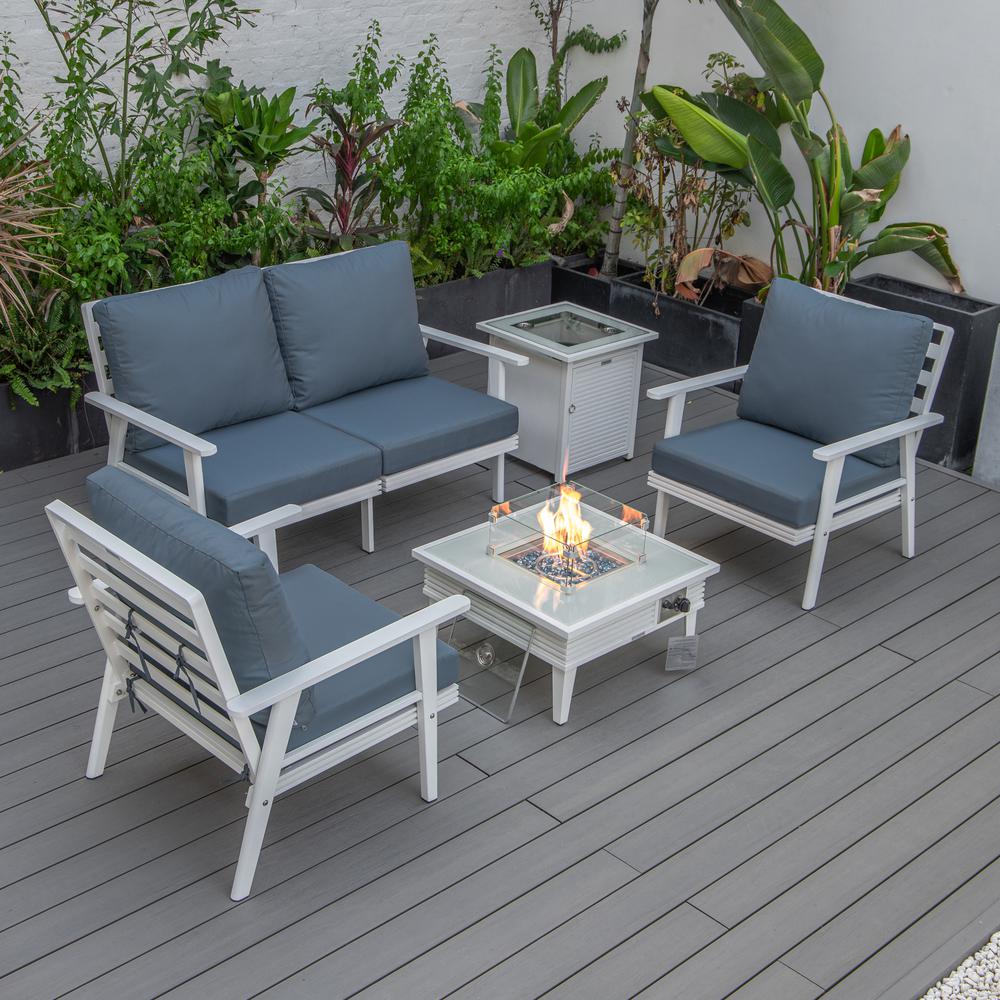 LeisureMod Walbrooke Modern White Patio Conversation With Square Fire Pit With Slats Design & Tank Holder, Navy Blue. Picture 1