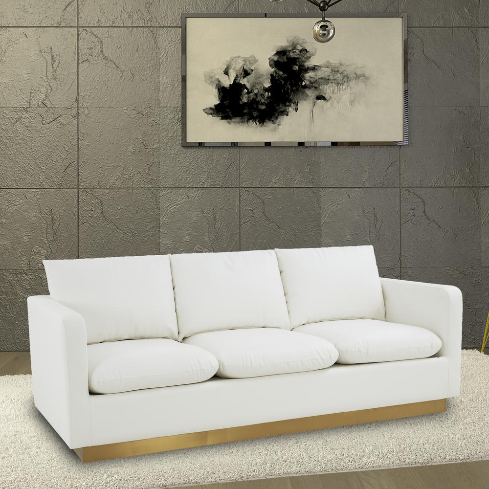Nervo Modern Mid-Century Upholstered Leather Sofa with Gold Frame. Picture 6