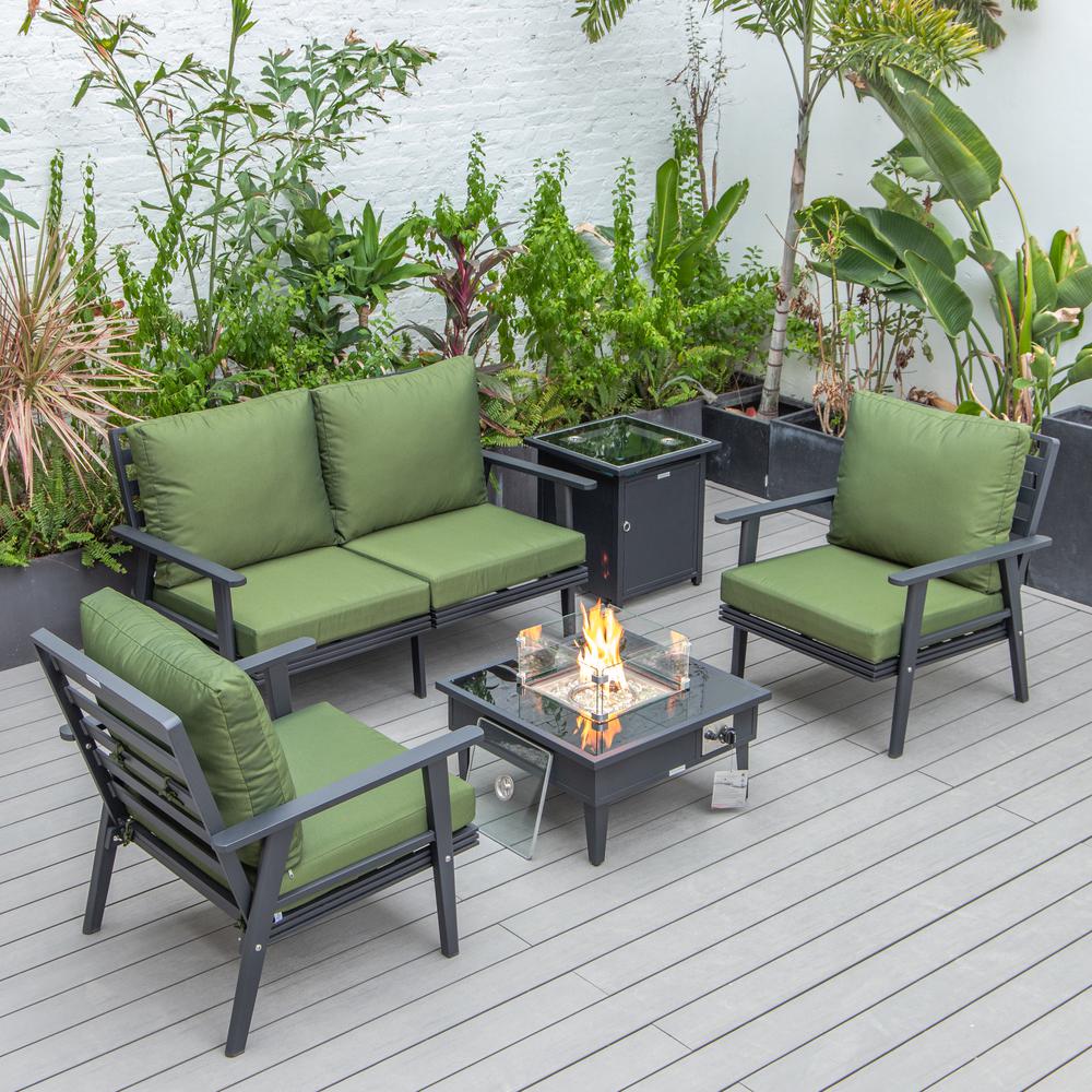 LeisureMod Walbrooke Modern Black Patio Conversation With Square Fire Pit & Tank Holder, Green. Picture 1
