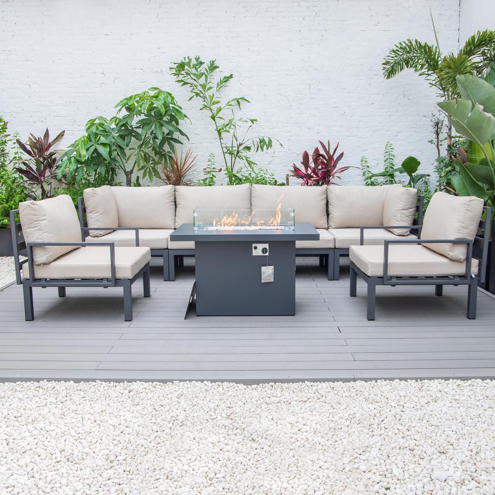 LeisureMod Hamilton 7-Piece Aluminum Patio Conversation Set With Fire Pit Table And Cushions Beige. Picture 2