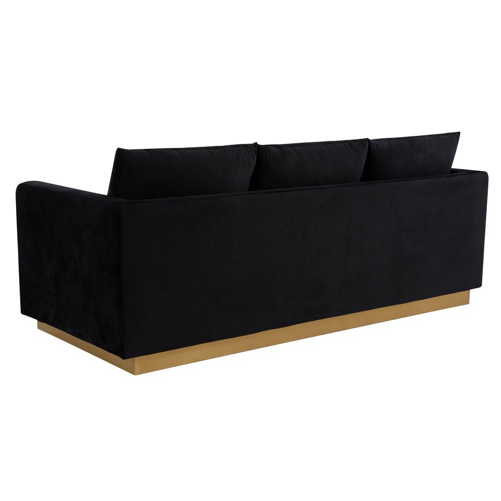 LeisureMod Nervo Modern Mid-Century Upholstered Velvet Sofa with Gold Frame, Midnight Black. Picture 3