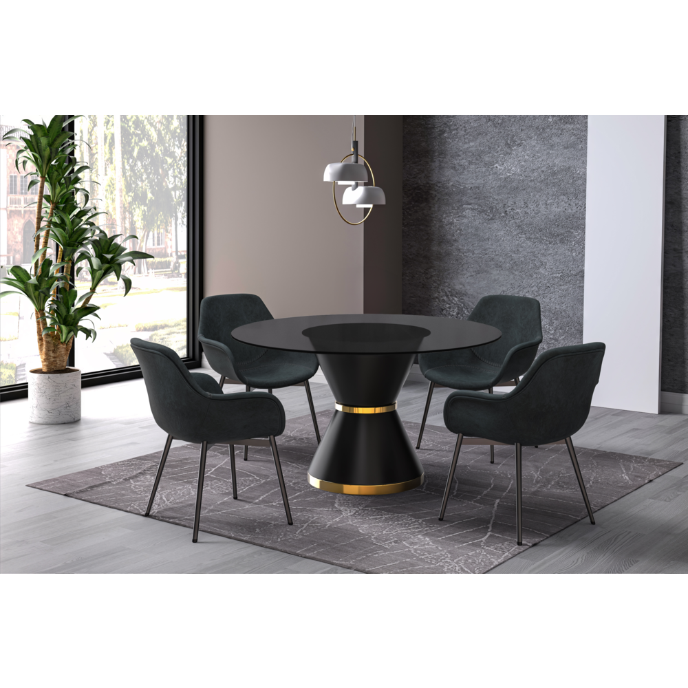 Qorvus Series Round Dining Table Black\Gold Base with 60 Round BLack Glass Top. Picture 9