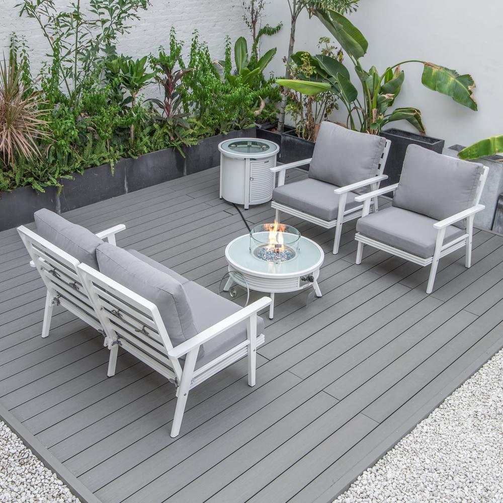 LeisureMod Walbrooke Modern White Patio Conversation With Round Fire Pit With Slats Design & Tank Holder, Grey. Picture 8