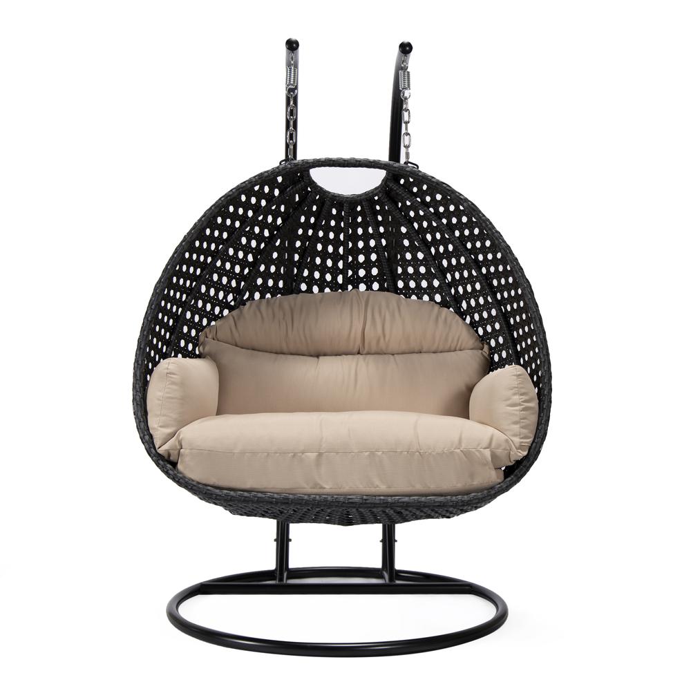 LeisureMod MendozaWicker Hanging 2 person Egg Swing Chair in Beige. Picture 3