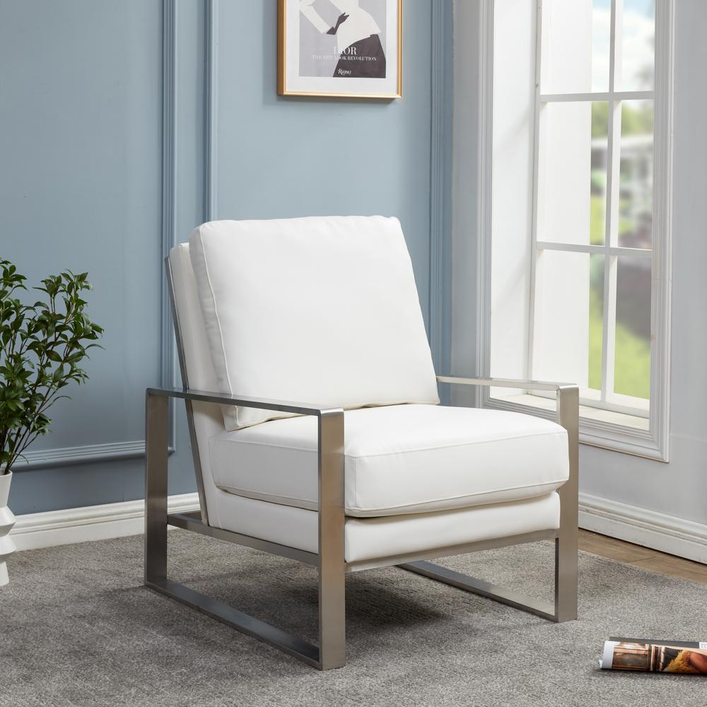 LeisureMod Jefferson Leather Modern Design Accent Armchair With Elegant Silver Frame, White. Picture 6
