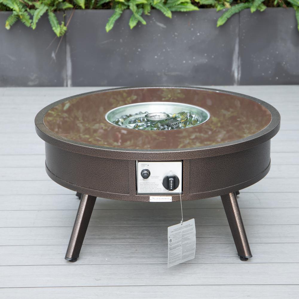 LeisureMod Walbrooke Modern Brown Patio Conversation With Round Fire Pit & Tank Holder, Light Grey. Picture 3