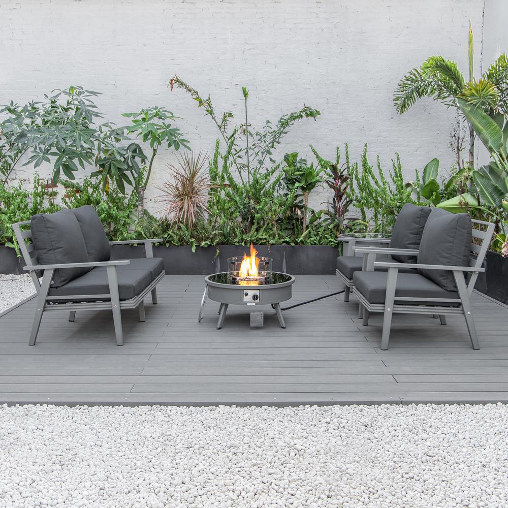 LeisureMod Walbrooke Modern Grey Patio Conversation With Round Fire Pit & Tank Holder, Charcoal. Picture 9