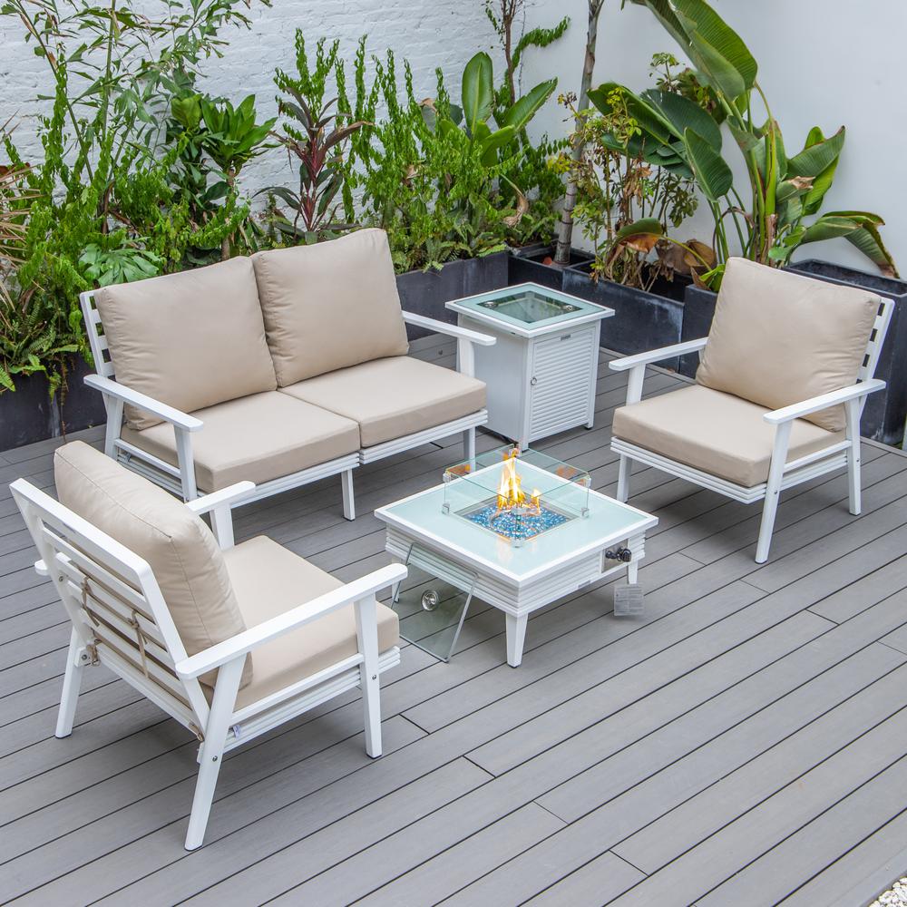 LeisureMod Walbrooke Modern White Patio Conversation With Square Fire Pit With Slats Design & Tank Holder, Beige. Picture 1
