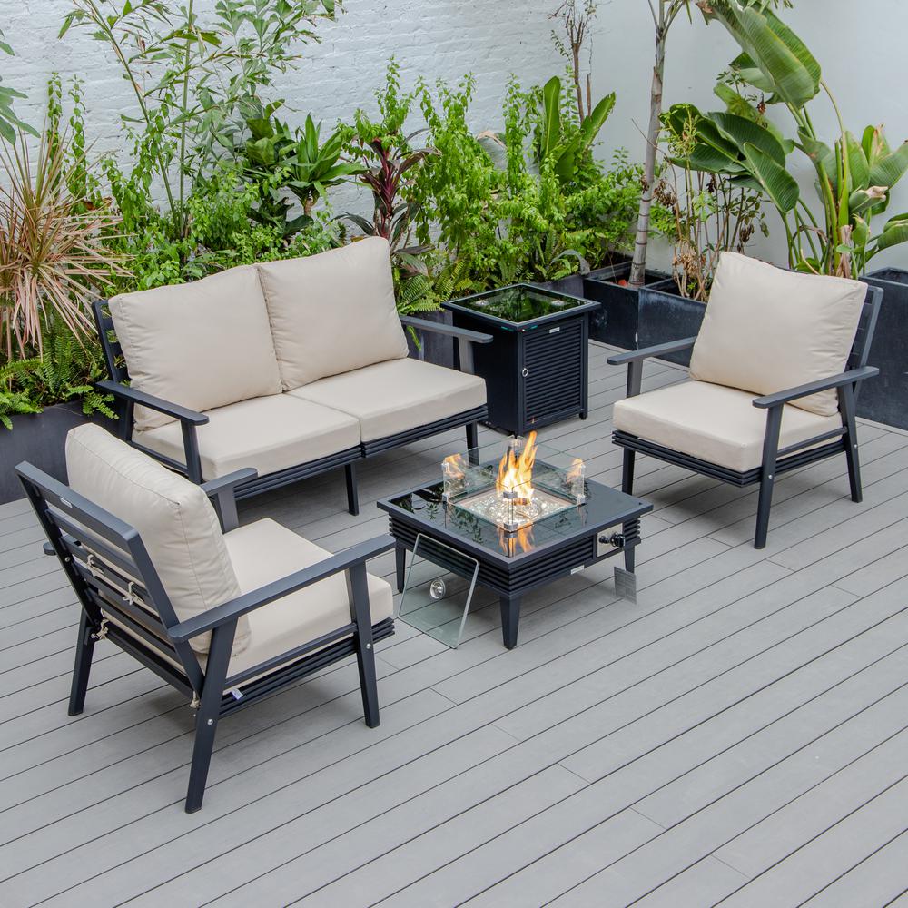 LeisureMod Walbrooke Modern Black Patio Conversation With Square Fire Pit With Slats Design & Tank Holder, Beige. Picture 1