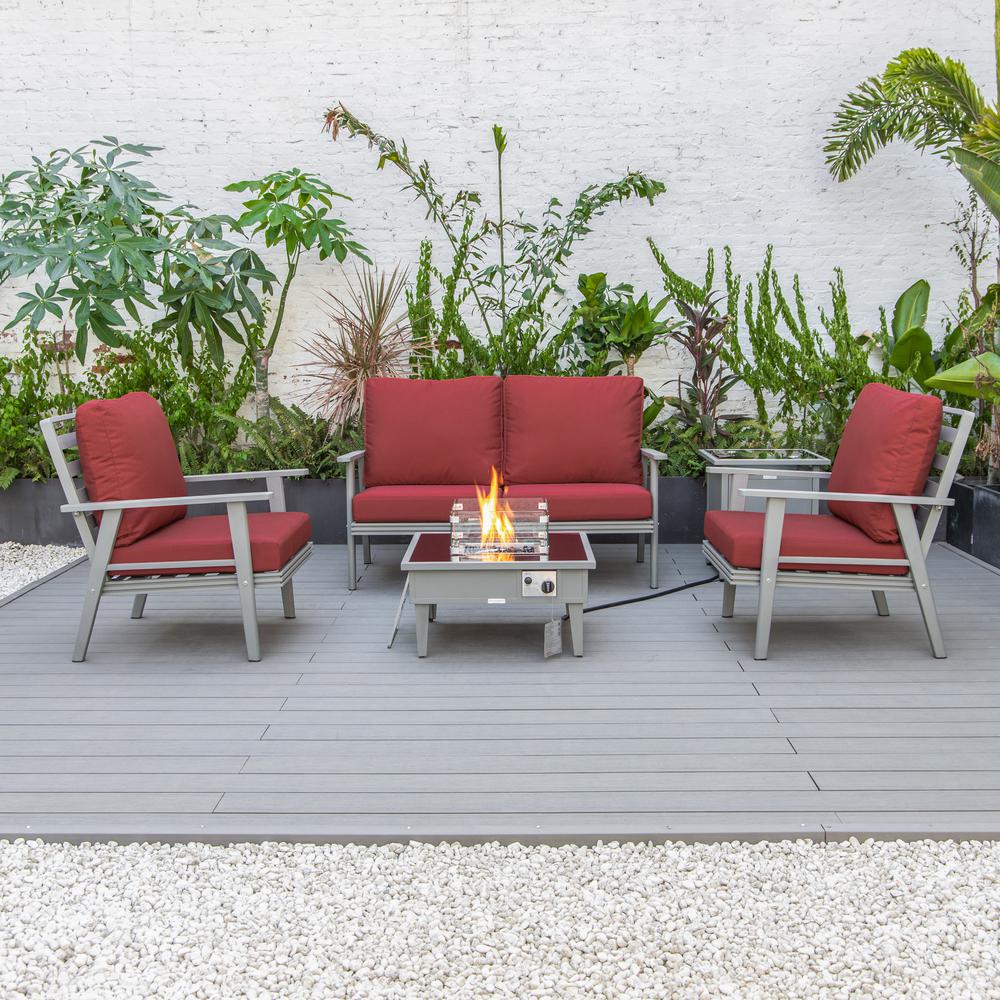 LeisureMod Walbrooke Modern Grey Patio Conversation With Square Fire Pit & Tank Holder, Red. Picture 9