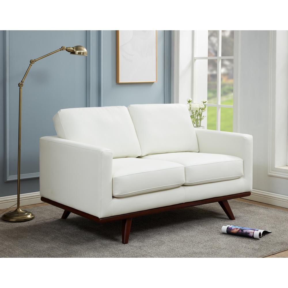 LeisureMod Chester Modern Leather Loveseat With Birch Wood Base, White. Picture 2