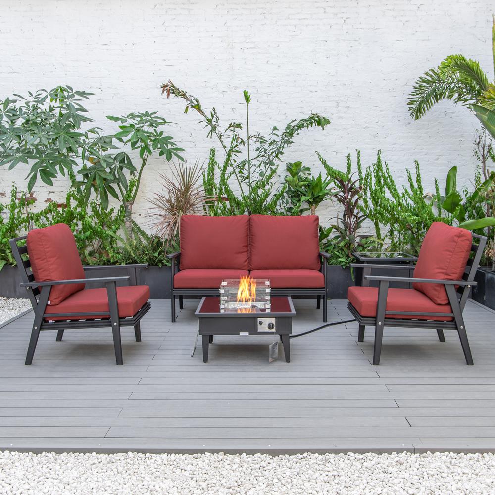 LeisureMod Walbrooke Modern Black Patio Conversation With Square Fire Pit & Tank Holder, Red. Picture 2
