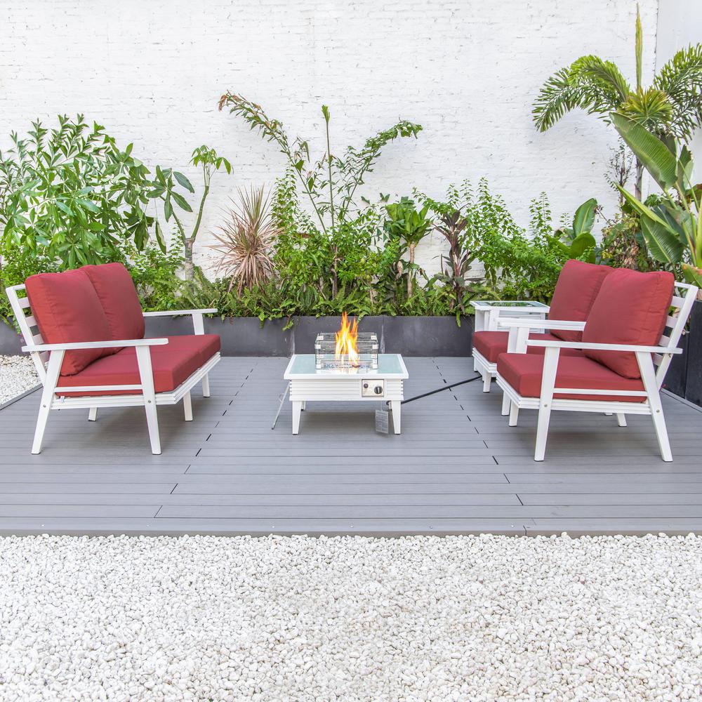 LeisureMod Walbrooke Modern White Patio Conversation With Square Fire Pit With Slats Design & Tank Holder, Red. Picture 8