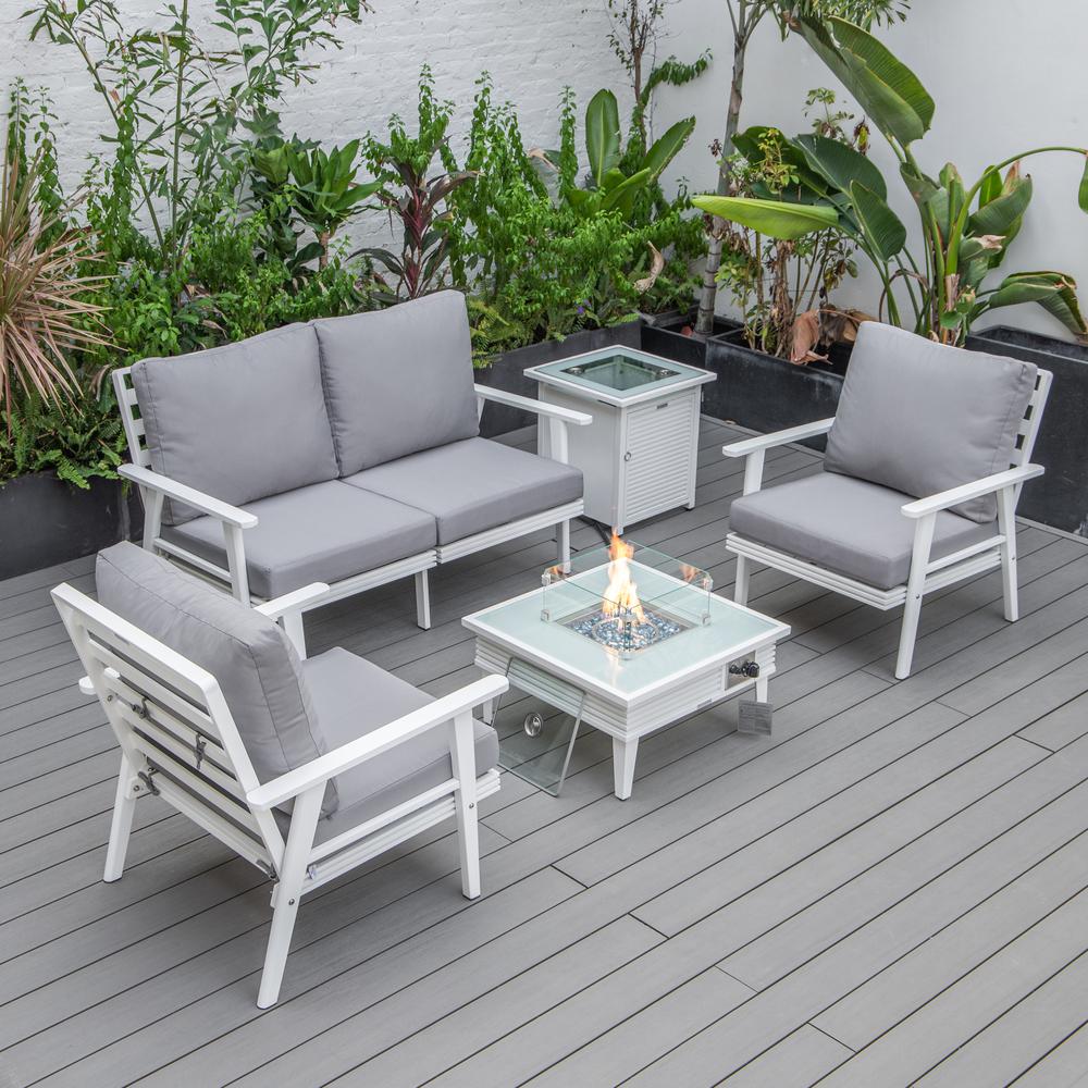 LeisureMod Walbrooke Modern White Patio Conversation With Square Fire Pit With Slats Design & Tank Holder, Grey. Picture 1