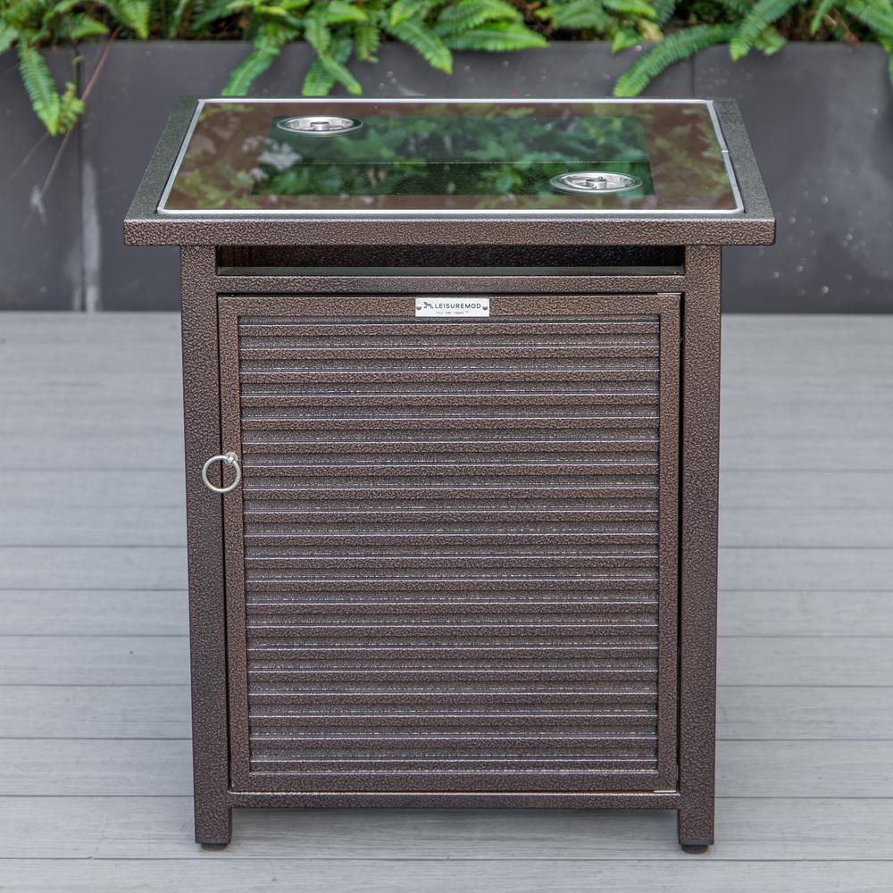 LeisureMod Walbrooke Modern Brown Patio Conversation With Square Fire Pit With Slats Design & Tank Holder, Green. Picture 2